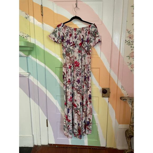 Guadalupe Women’s Maxi Dress Floral Bird Print Cotton Boho Peasant Off Shoulder - Picture 2 of 12